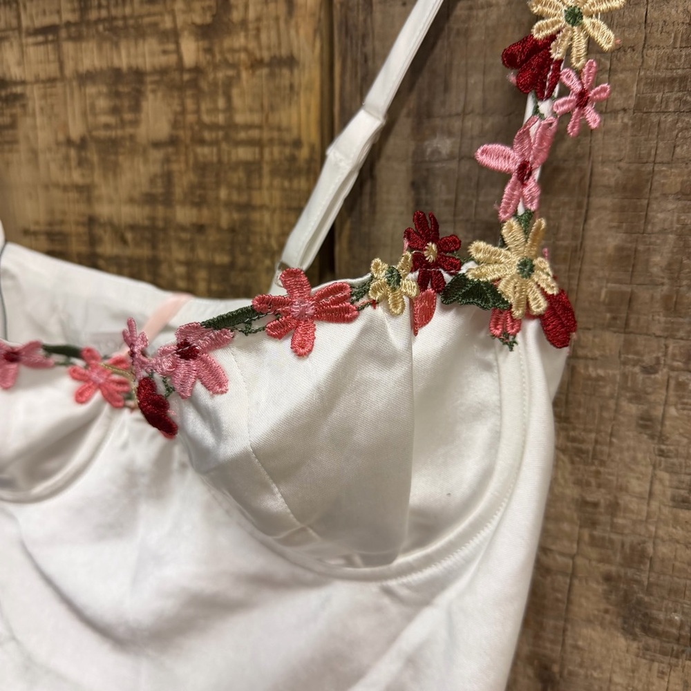 MORE TO COME Enid Bustier Floral Embellished White Camisole Top satin Revolve M - Picture 9 of 9